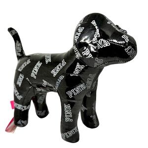 Victoria Secret Pink Black Dog Pink Logo Signature White Plush Small 8” Long